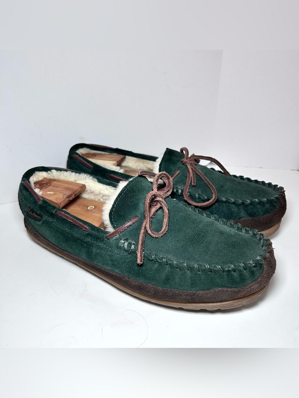 L.L. Bean Wicked Good Moccasins Green Suede Men’s 9M Shearling Lined